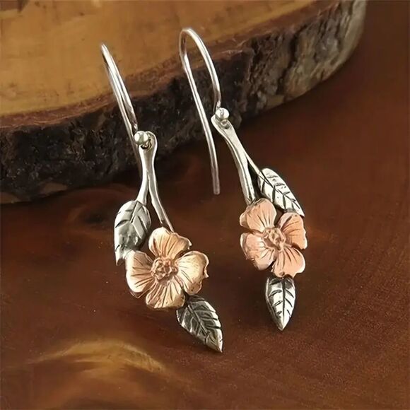 New - Copper Flower with Silver Leaf Hanging Hook Earrings - Picture 2 of 6